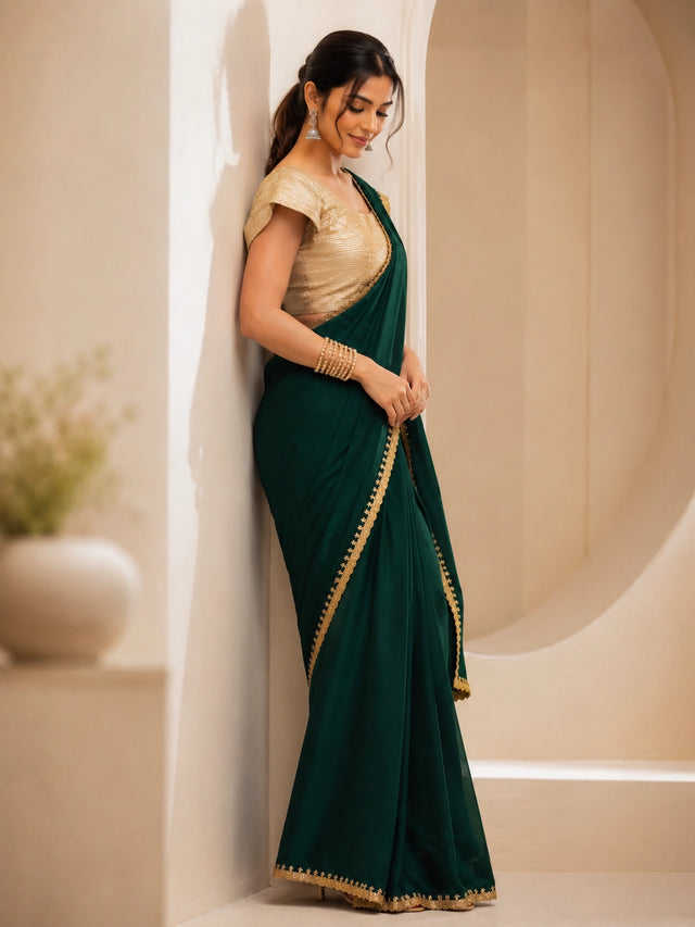 Woman wearing a beautiful emerald green saree with a golden border and matching blouse.
