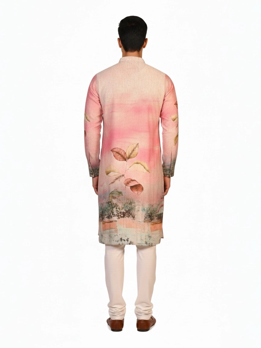 Men's multi-color Kurta Pajama with a floral print, band collar, and long sleeves, paired with cream pants.