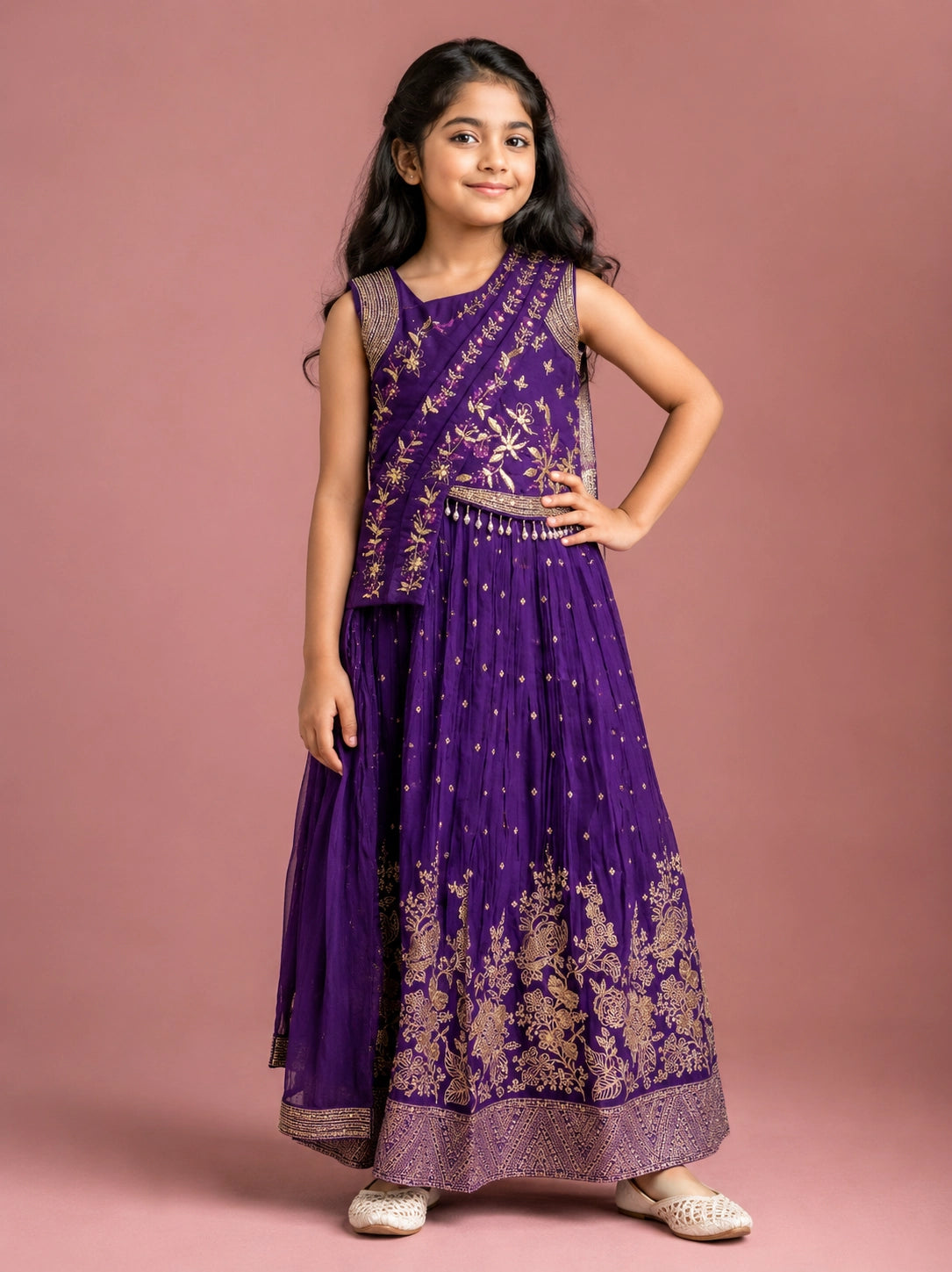 Young girl wearing a vibrant purple lehenga choli with intricate gold embroidery.