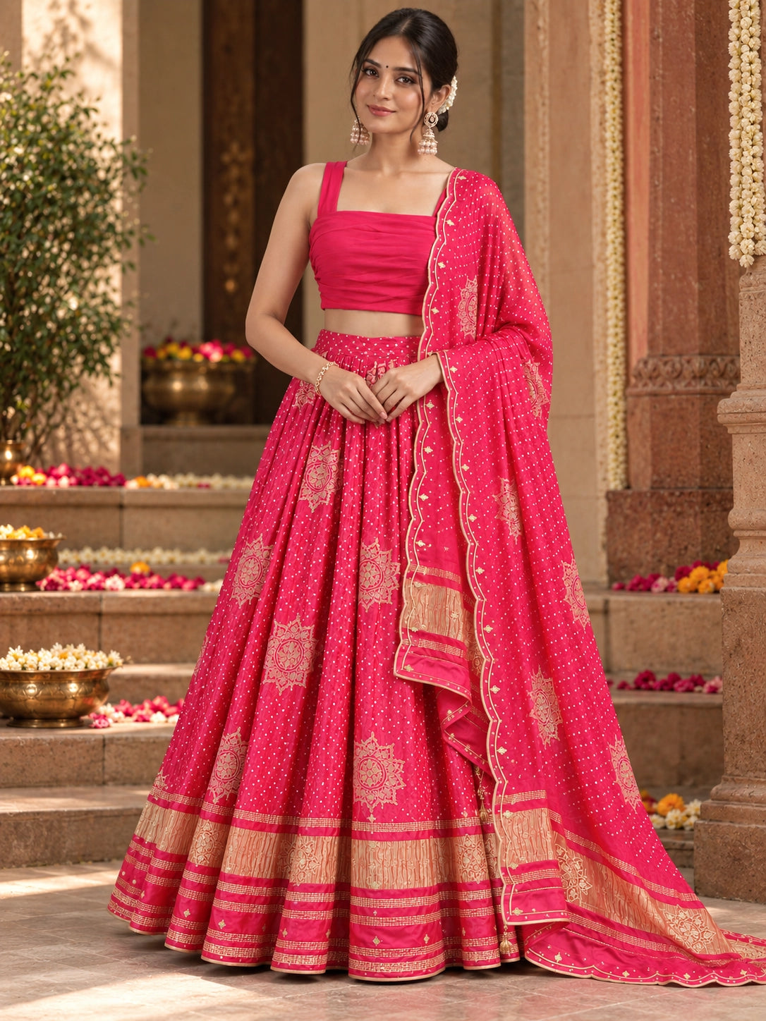 Woman wearing a vibrant RANI pink lehenga choli with gold patterns and a matching dupatta.