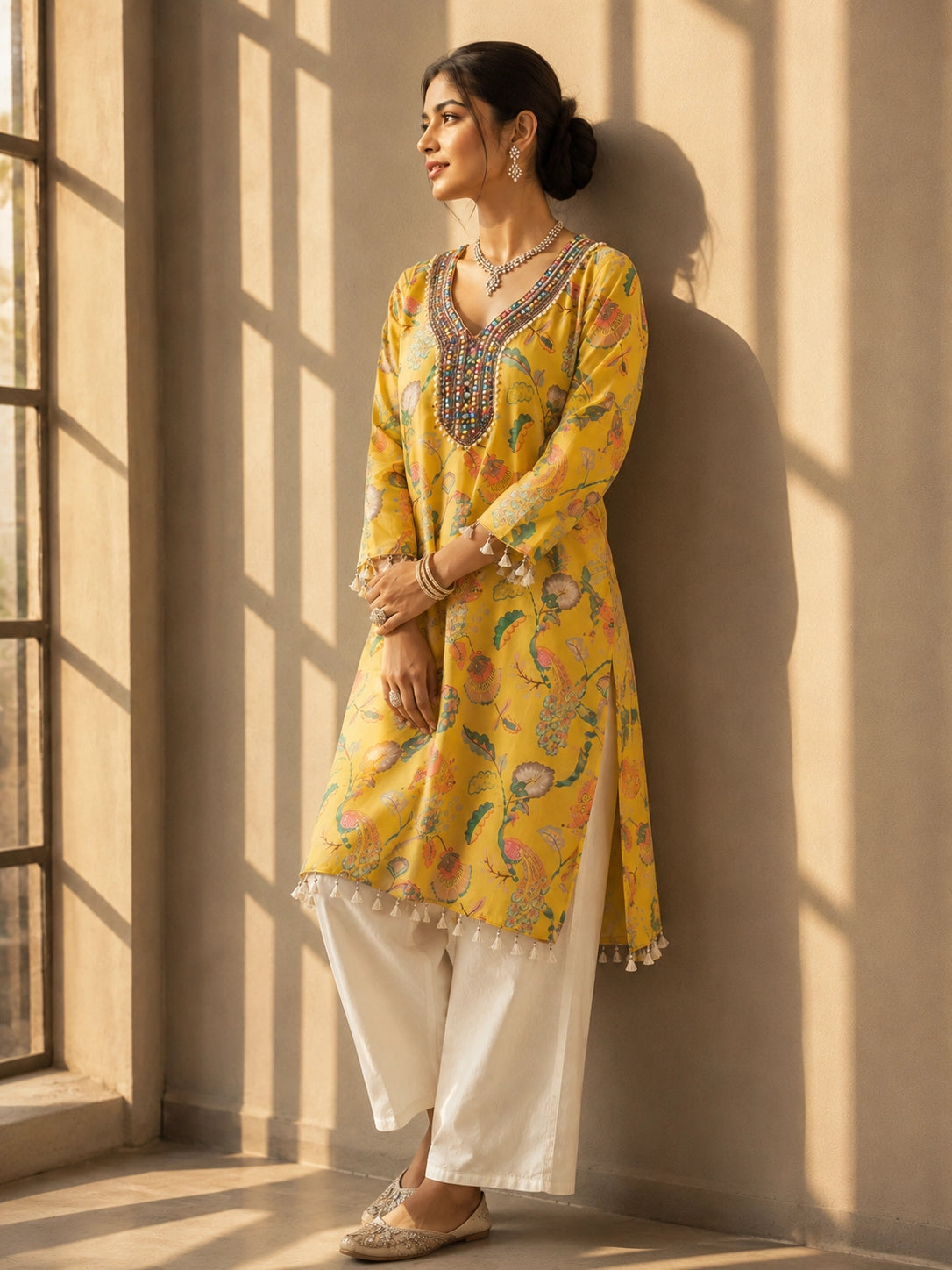 Woman wearing a vibrant yellow floral kurti with intricate embroidered V-neck and tassels.