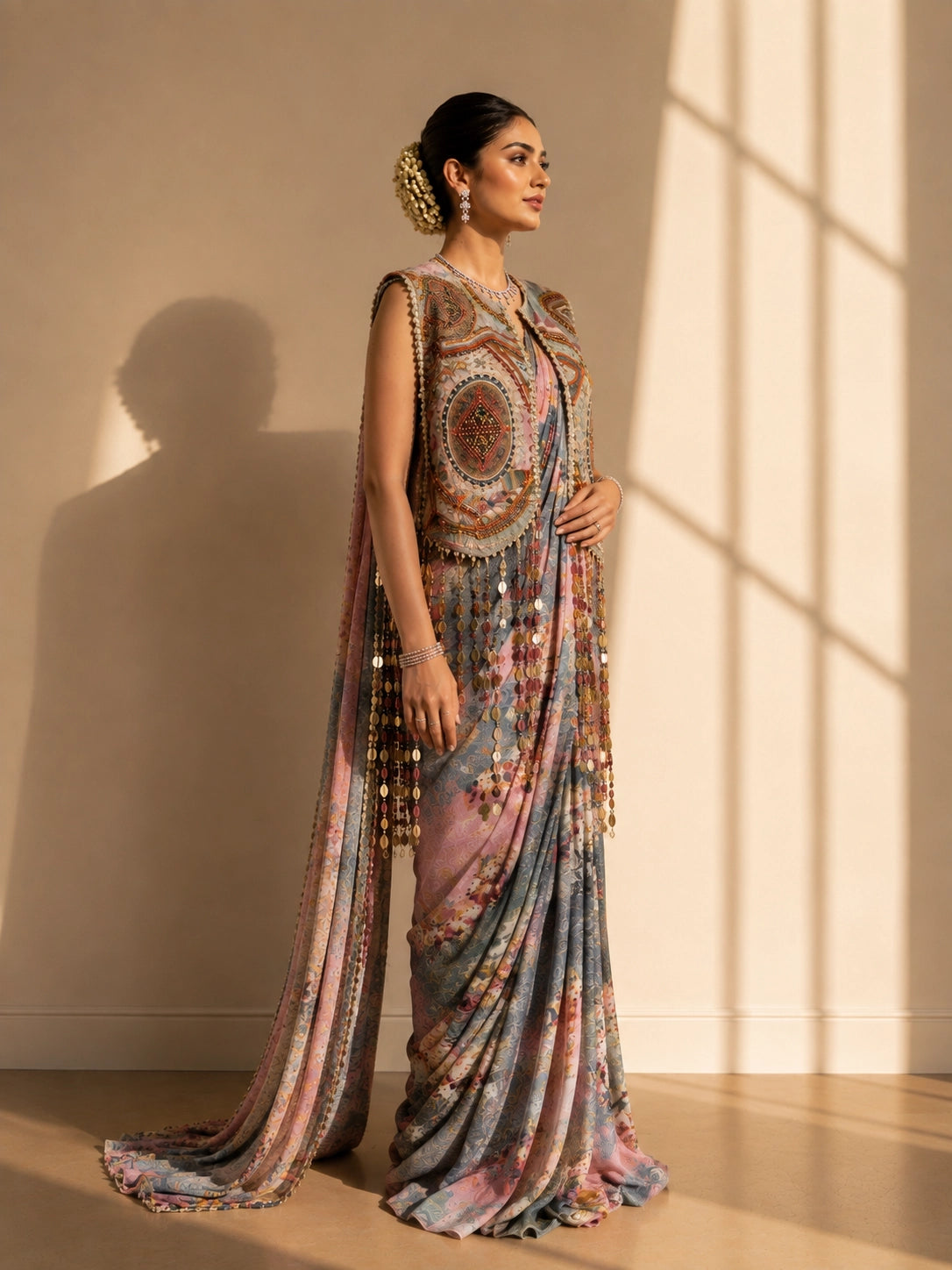 Woman in a peach and blue floral saree with an ornate patterned jacket.