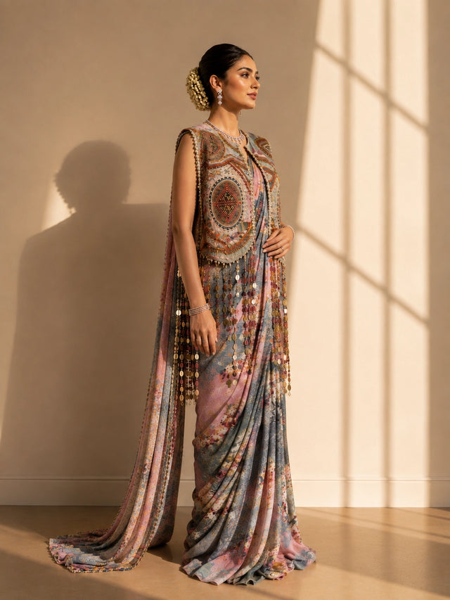 Woman in a peach and blue floral saree with an ornate patterned jacket.