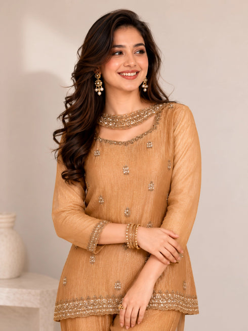 Woman wearing a mustard embroidered Sharara with intricate embellishments on the neckline and hem.