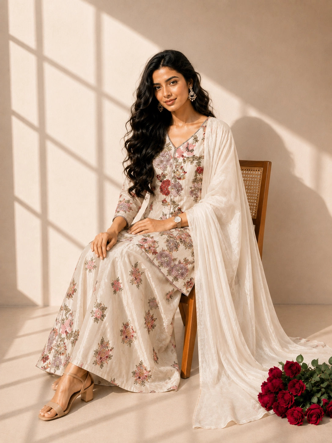 Woman in elegant cream floral embroidered kurti set with sharara and dupatta.