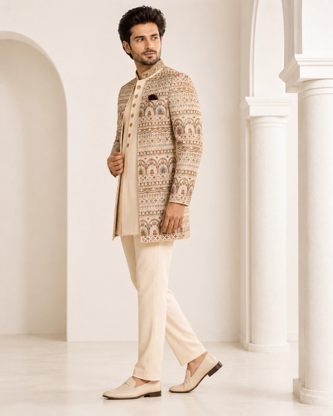 Man wearing an elegant beige Sherwani, showcasing intricate embroidery and a classic fit for formal events.