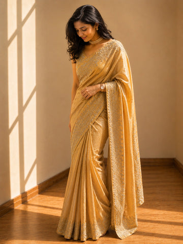 Beautiful woman wearing a luxurious mustard S3 saree with delicate gold embroidery.