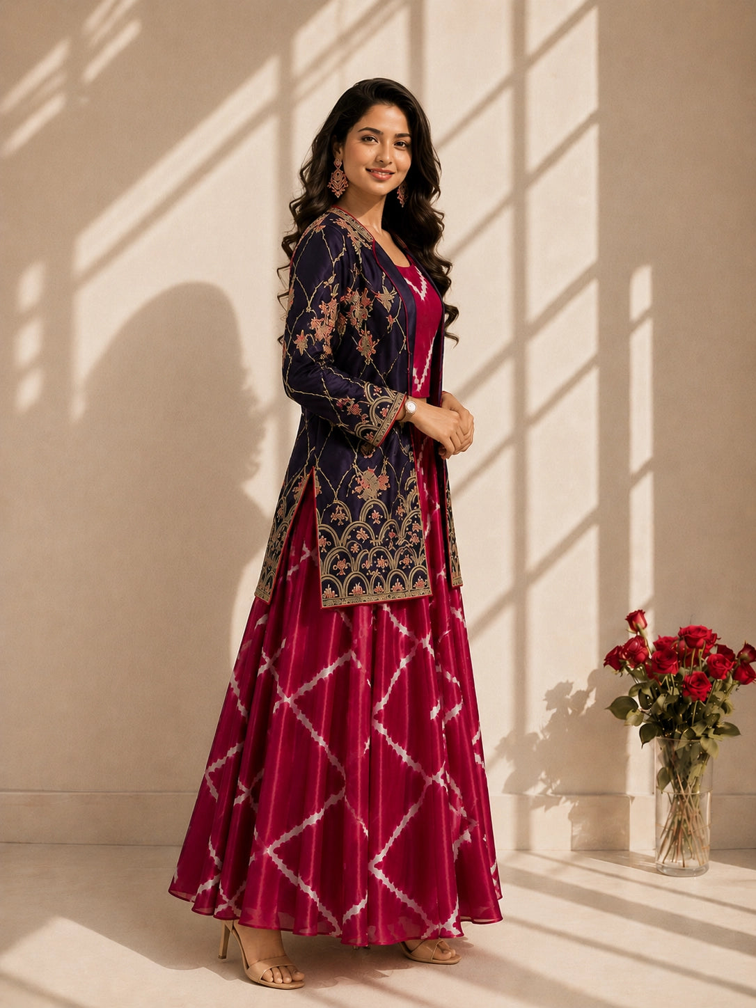 Elegant woman wearing a blue embroidered jacket with a pink tie-dye kurti set.