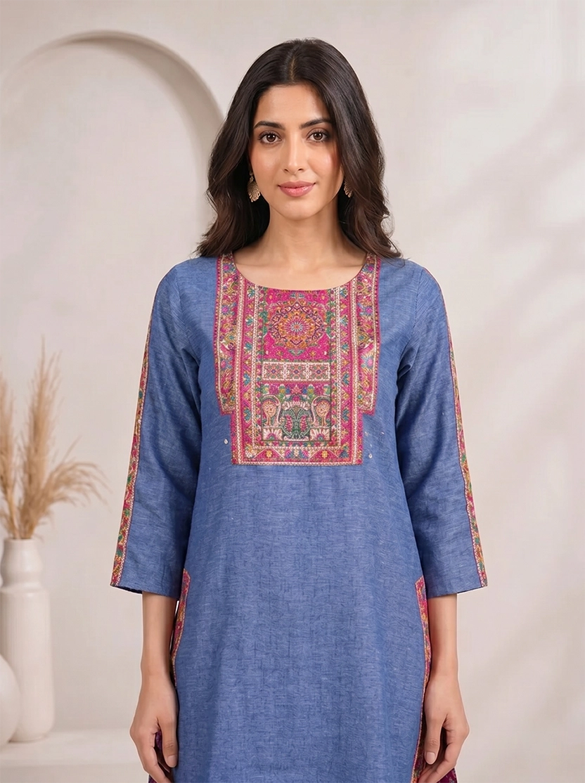 Woman wearing a blue embroidered kurta and matching wide-leg pants with a geometric border, styled with nude heels.