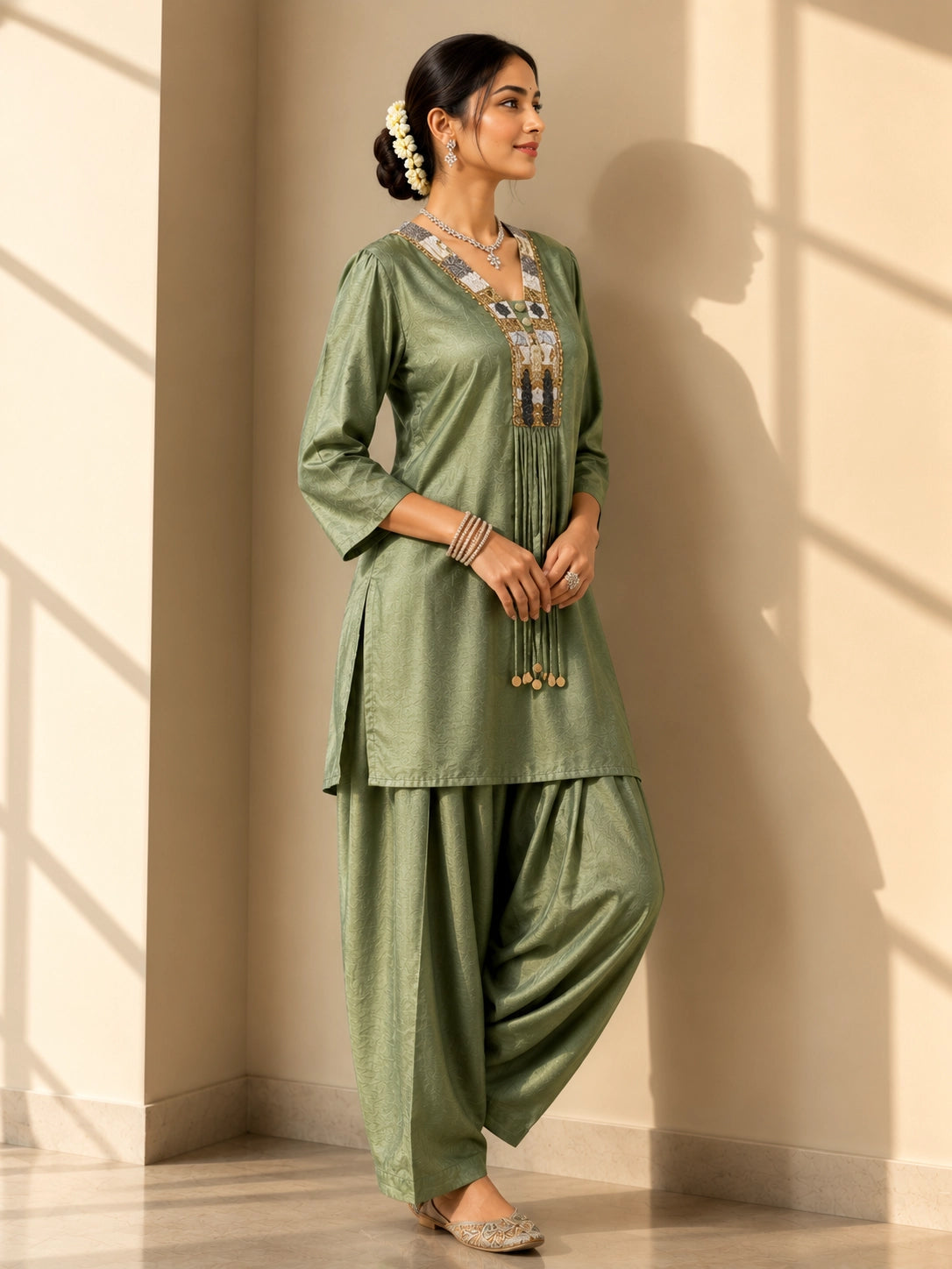 Woman wearing an elegant green textured kurti set with intricate embroidered neckline.