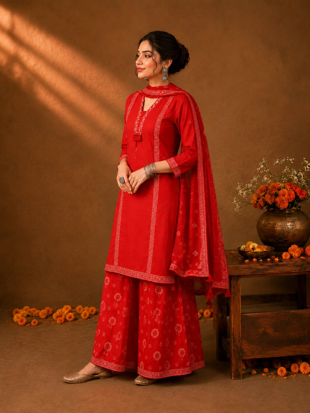 Woman in a Rani red printed Kurti Set with a dupatta, showcasing intricate patterns and elegant drape.