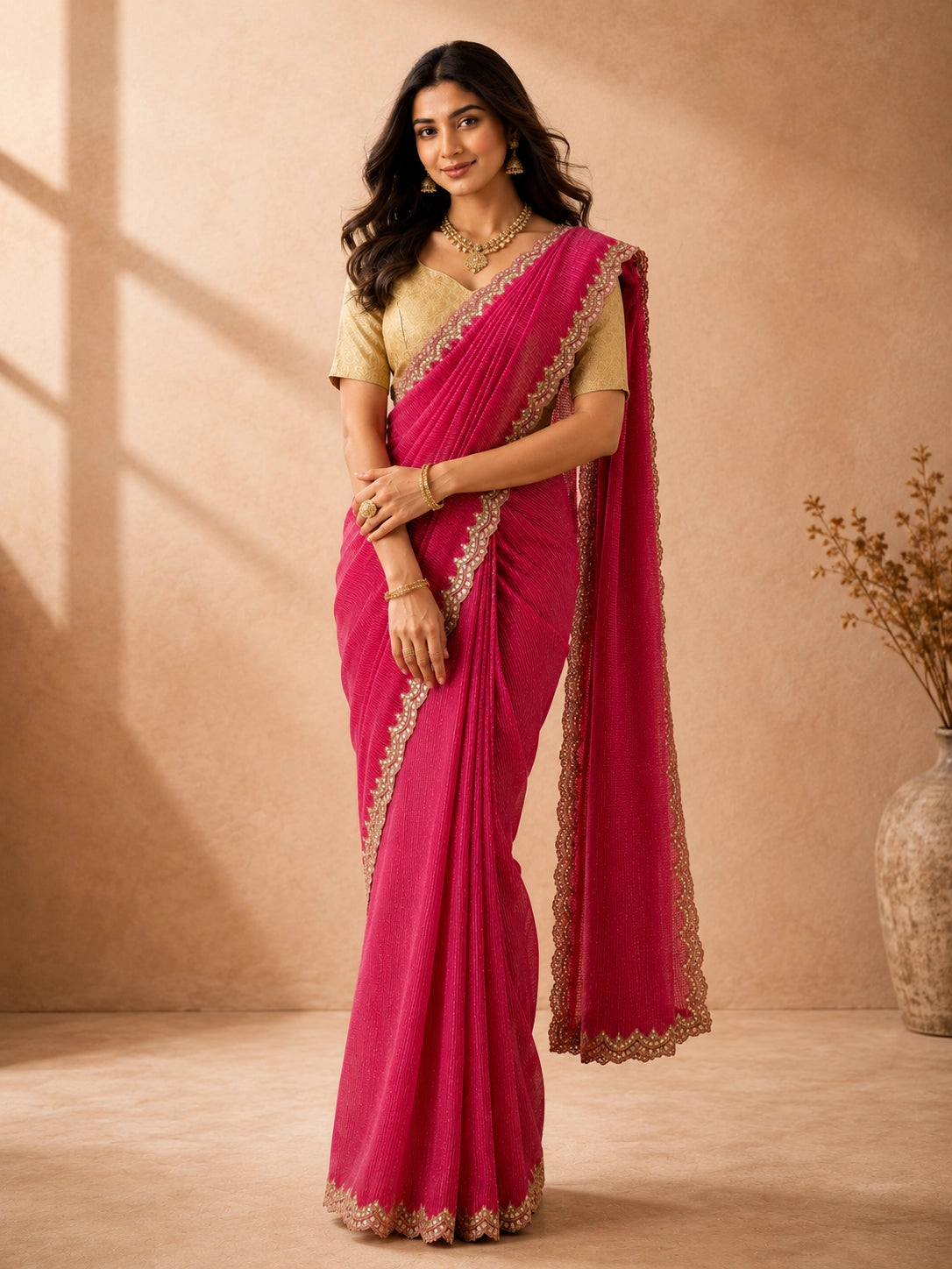 Woman wearing a vibrant rani pink  saree with a golden blouse and embellished border.