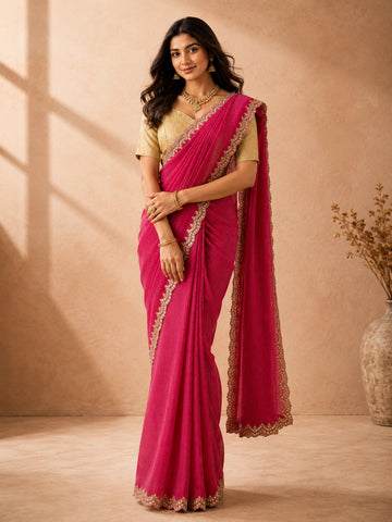 Woman wearing a vibrant rani pink  saree with a golden blouse and embellished border.