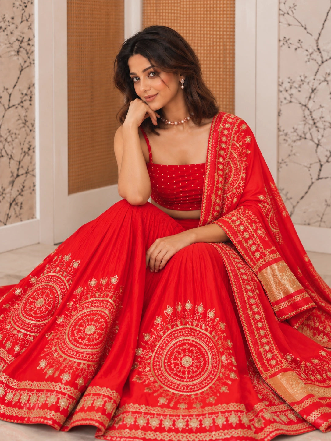 Woman in vibrant red lehenga choli with gold embroidery and matching dupatta.