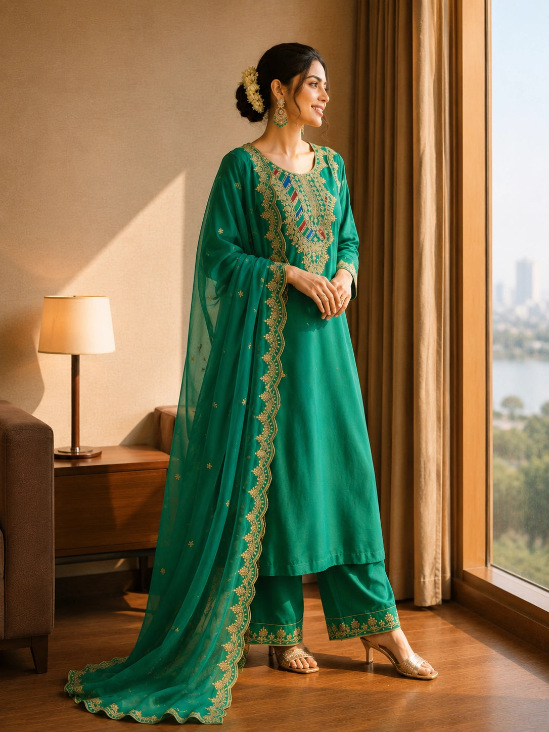 Woman in an emerald green ethnic suit with intricate gold embroidery and matching dupatta.