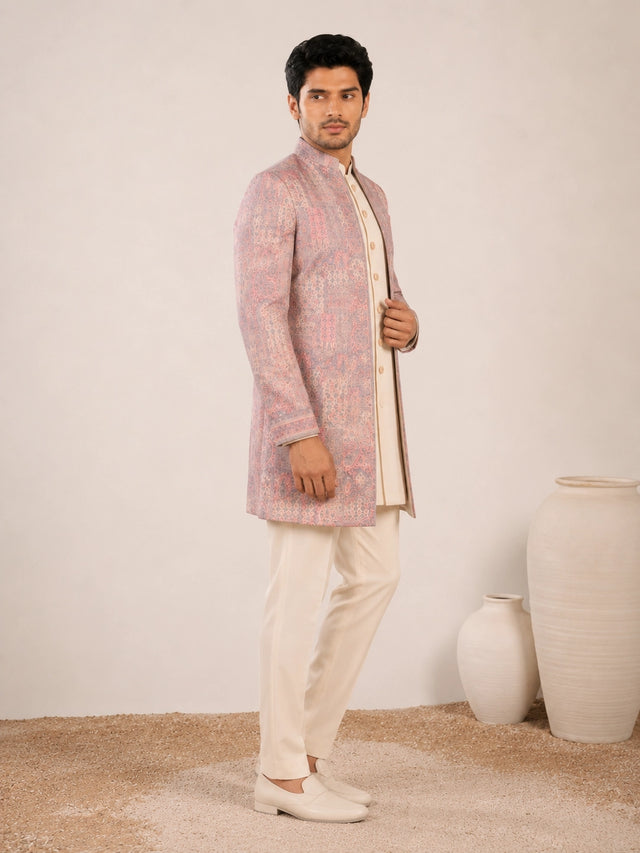 Model wearing an elegant purple Indowestern gown with delicate embroidery, front view.