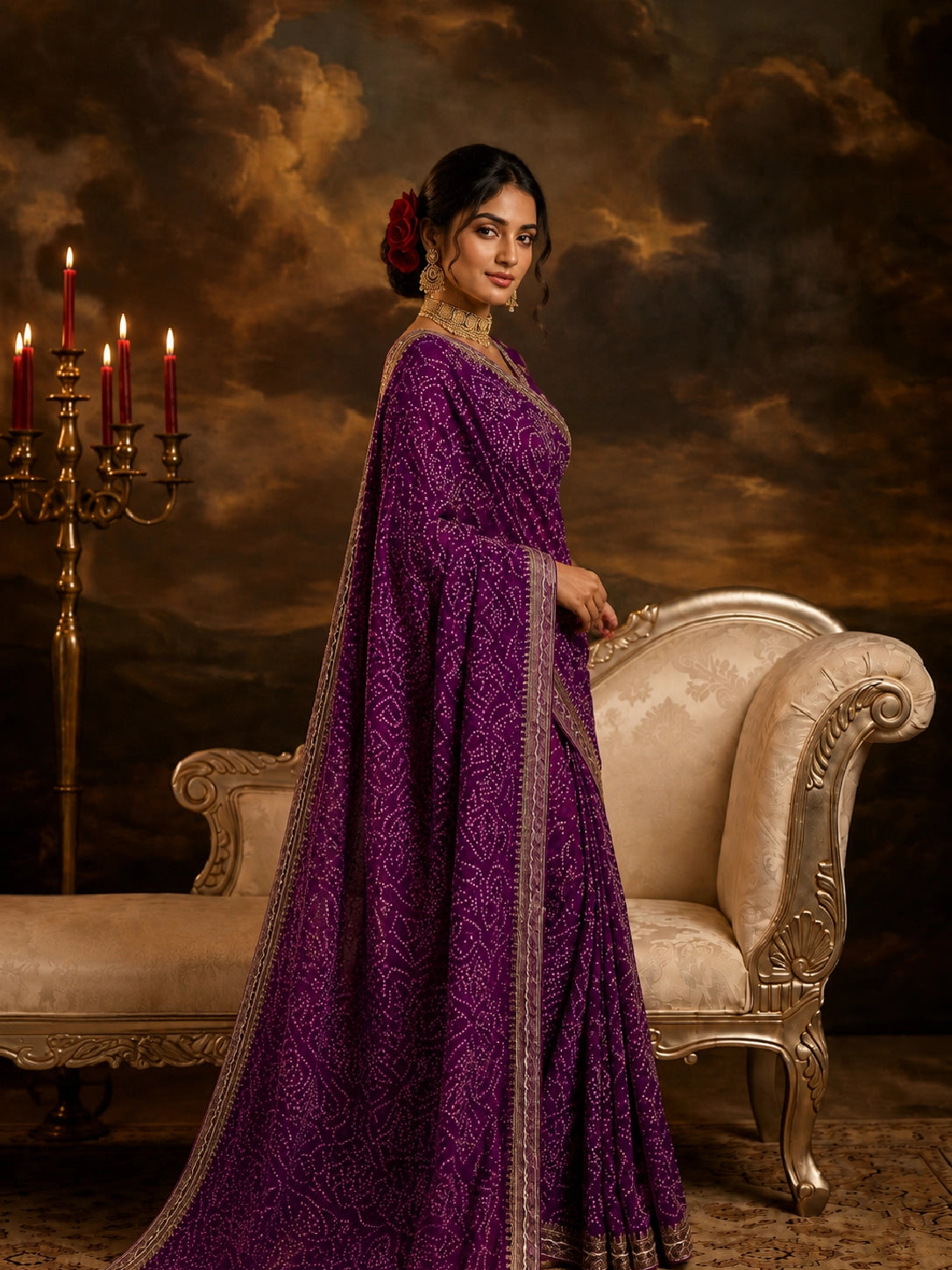 Woman in a vibrant purple Bandhani saree with gold borders and a matching embroidered blouse.