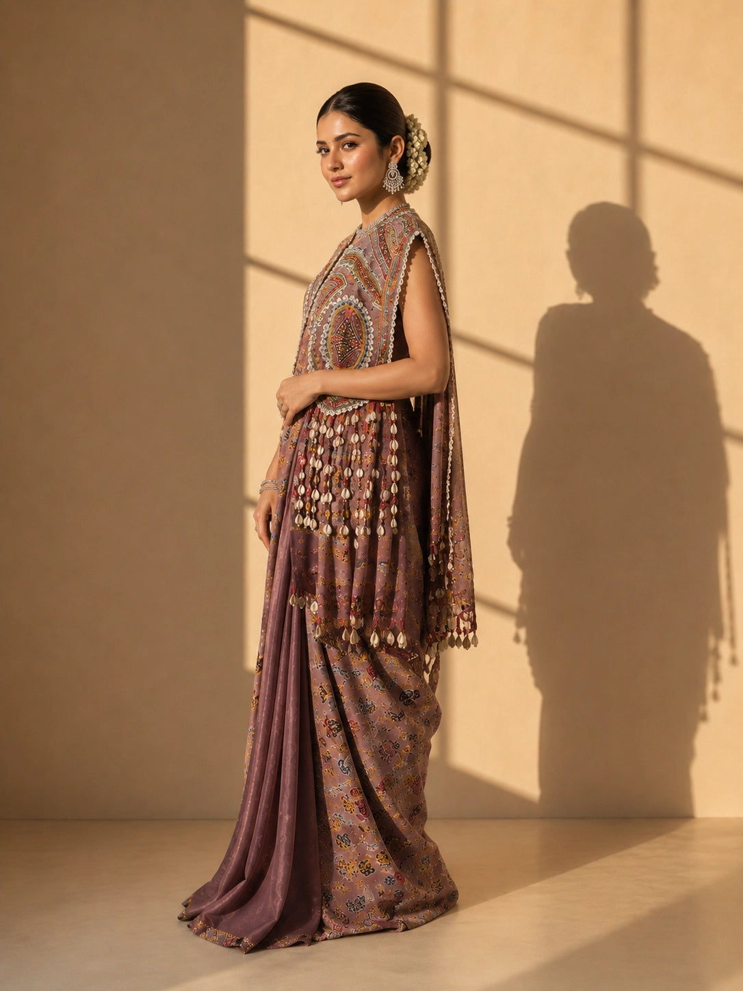 Woman in elegant brown S3 printed saree with intricately embroidered sleeveless jacket.