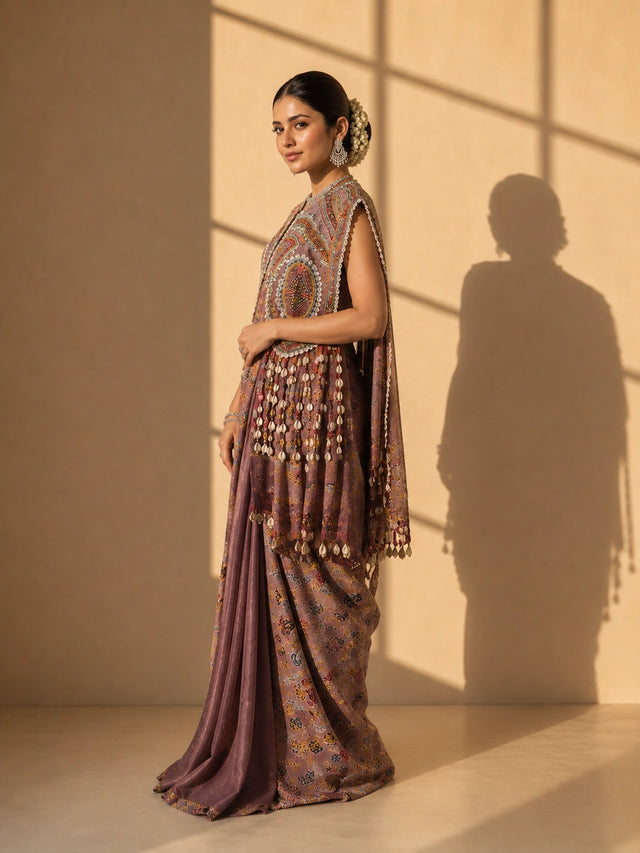 Woman in elegant brown S3 printed saree with intricately embroidered sleeveless jacket.