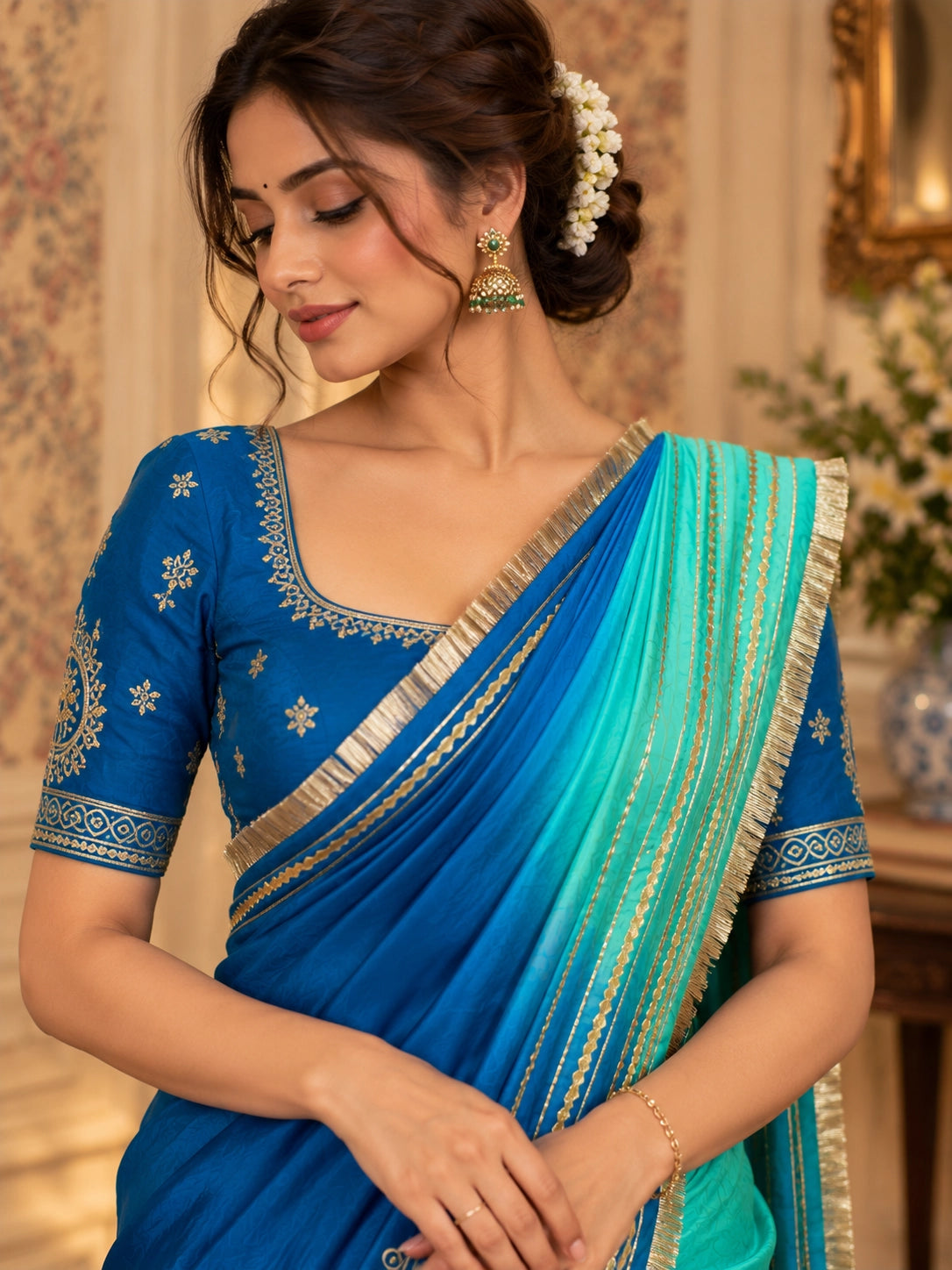 Woman gracefully posing in an elegantly draped Pista saree with gold embroidery.