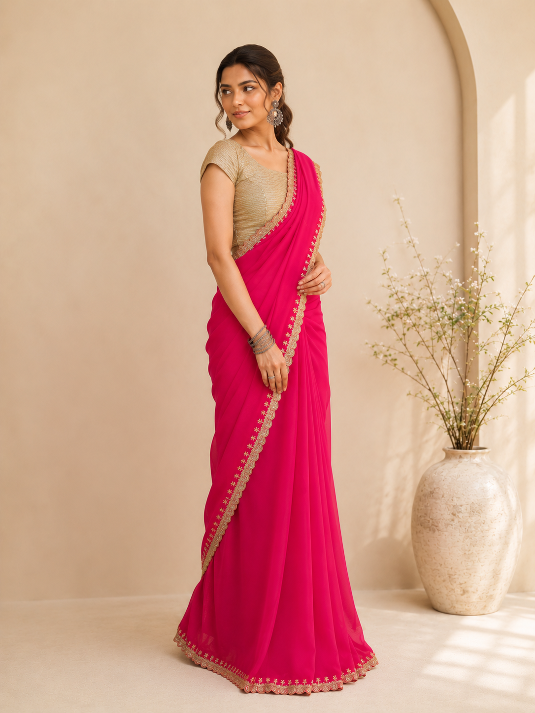 Woman wearing a vibrant rani pink saree with golden embroidered borders and a gold blouse.