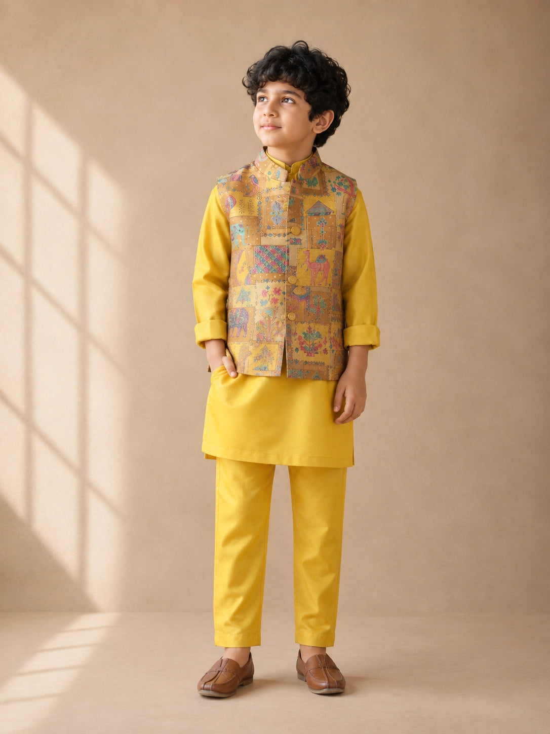 Young boy wearing a vibrant yellow kurta pajama and a colorful patterned Nehru jacket.