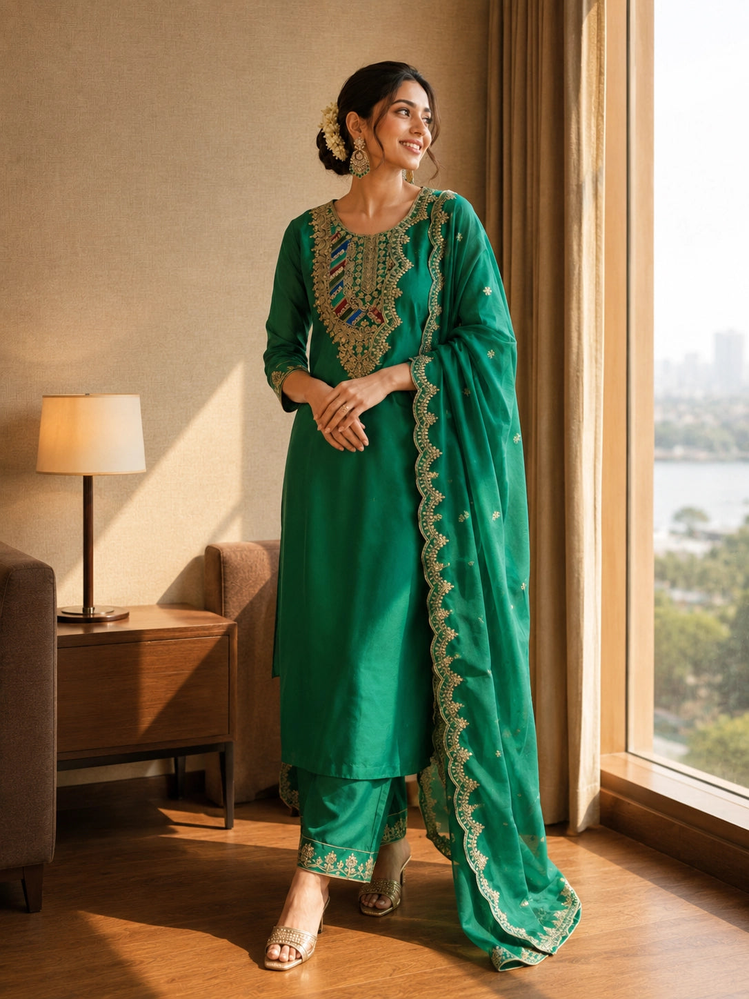Woman in an emerald green ethnic suit with intricate gold embroidery and matching dupatta.