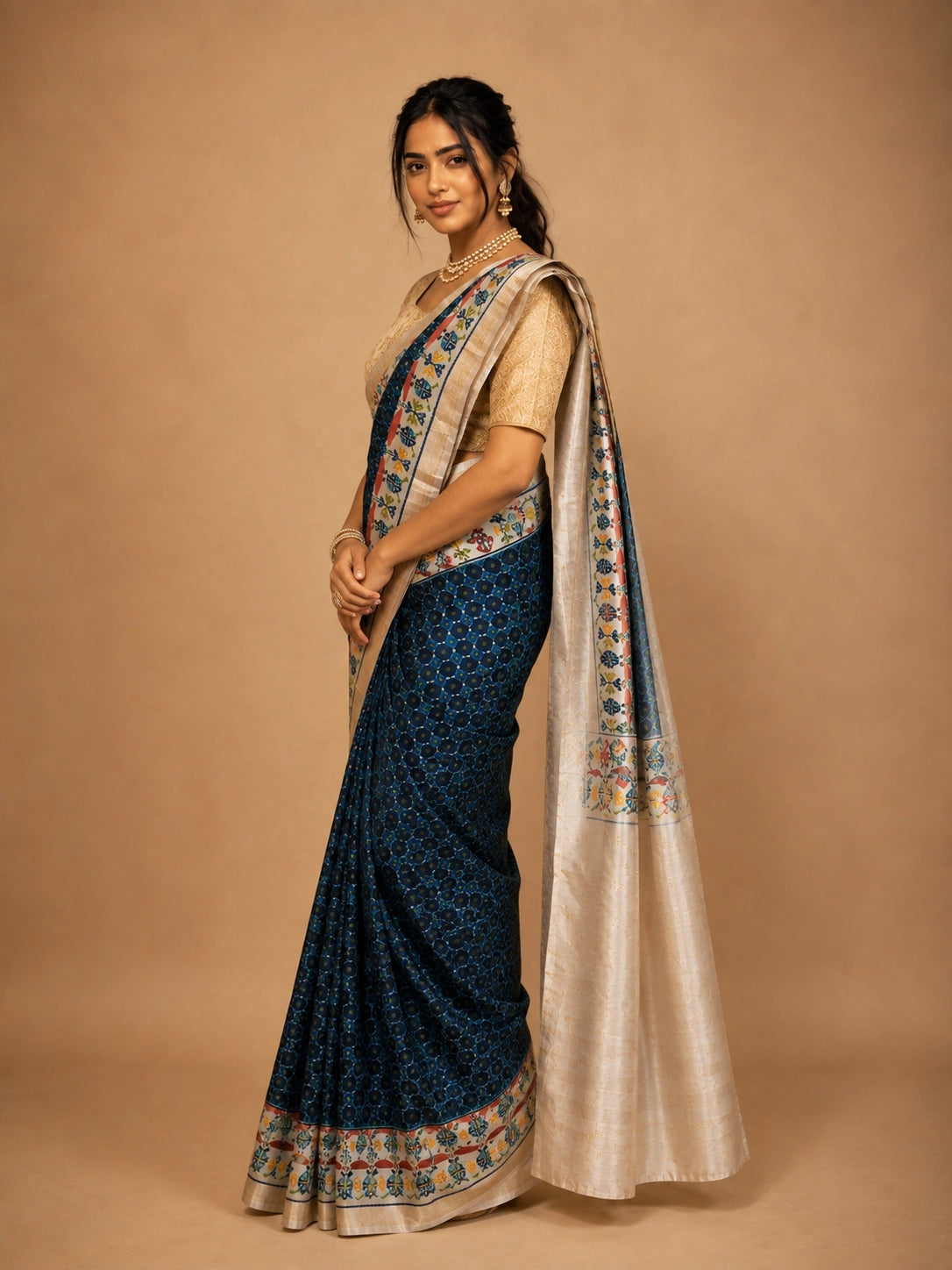 Woman in elegant navy blue  ikat saree with golden blouse and traditional jewelry.