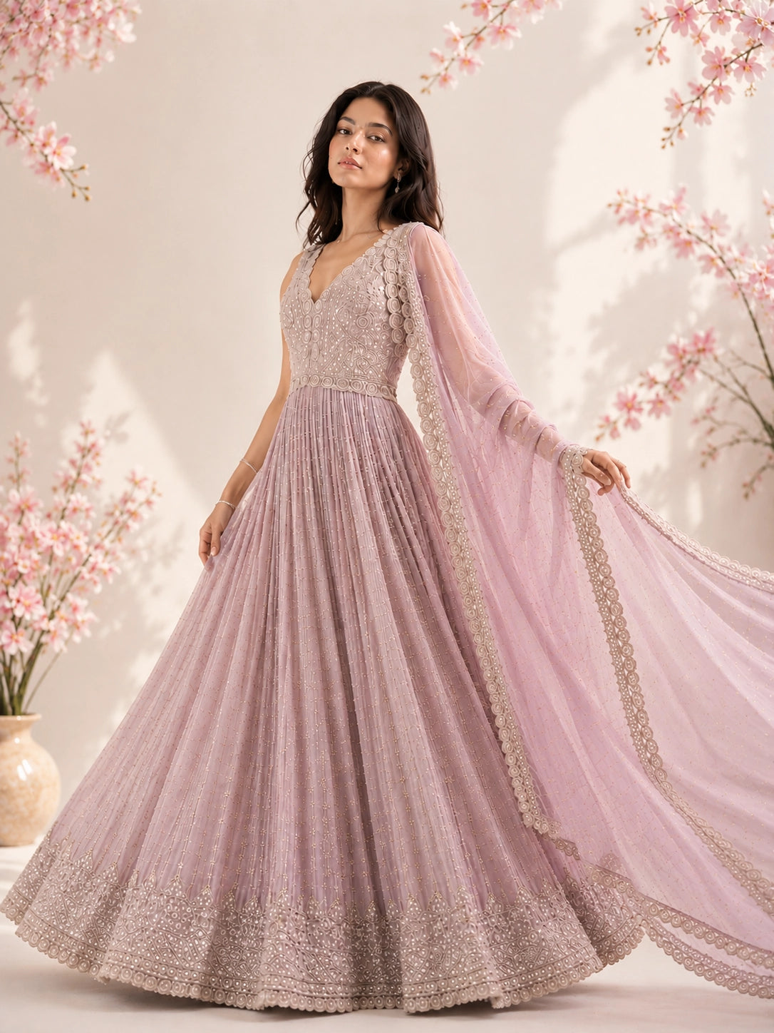 Model in a luxurious pink embroidered Anarkali gown with a flowing dupatta.