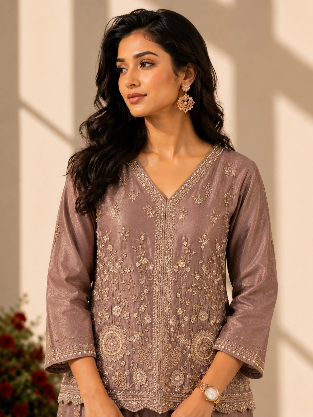 Woman in an elegant onion-colored embroidered kurti set with palazzo pants and matching scarf.