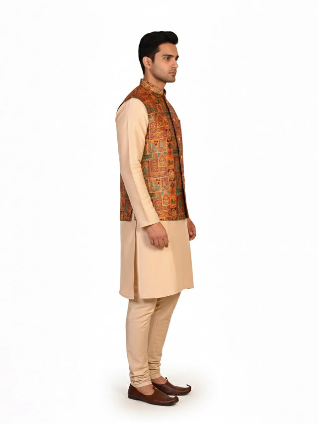 Man wearing a multi-color ethnic Nehru jacket over a cream kurta and pants, suitable for festive occasions.
