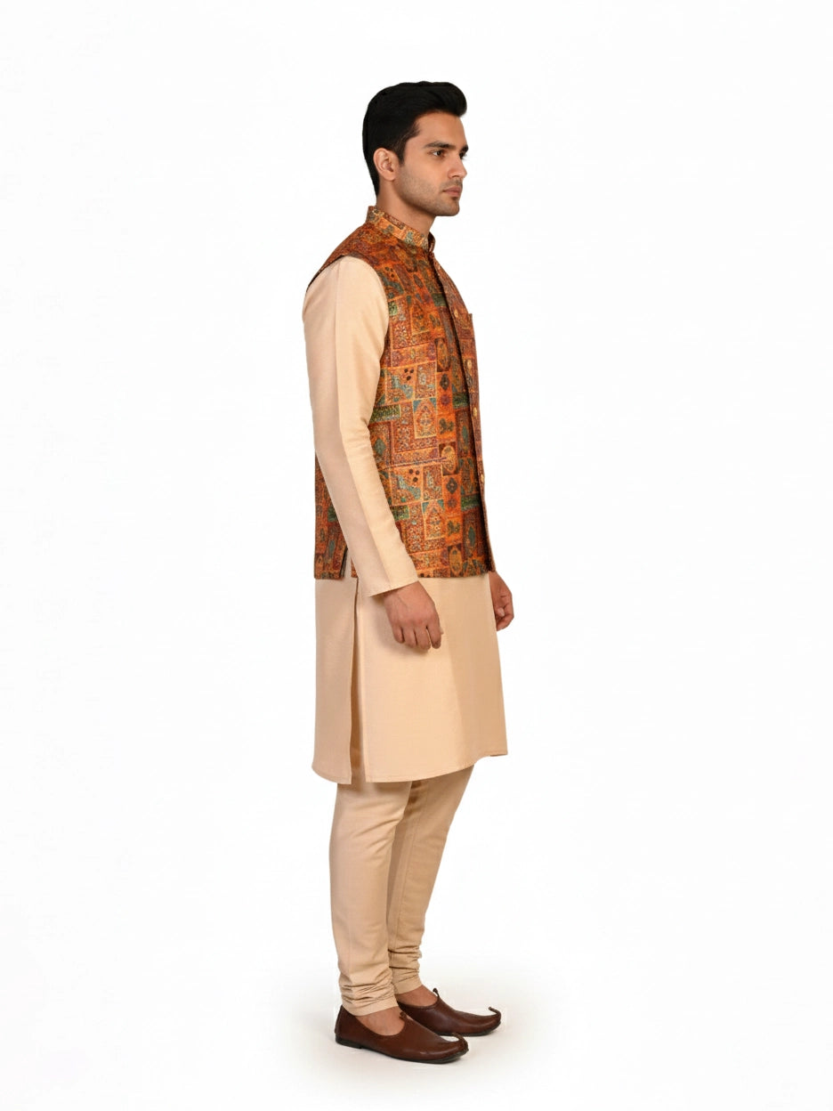 Man wearing a multi-color ethnic Nehru jacket over a cream kurta and pants, suitable for festive occasions.