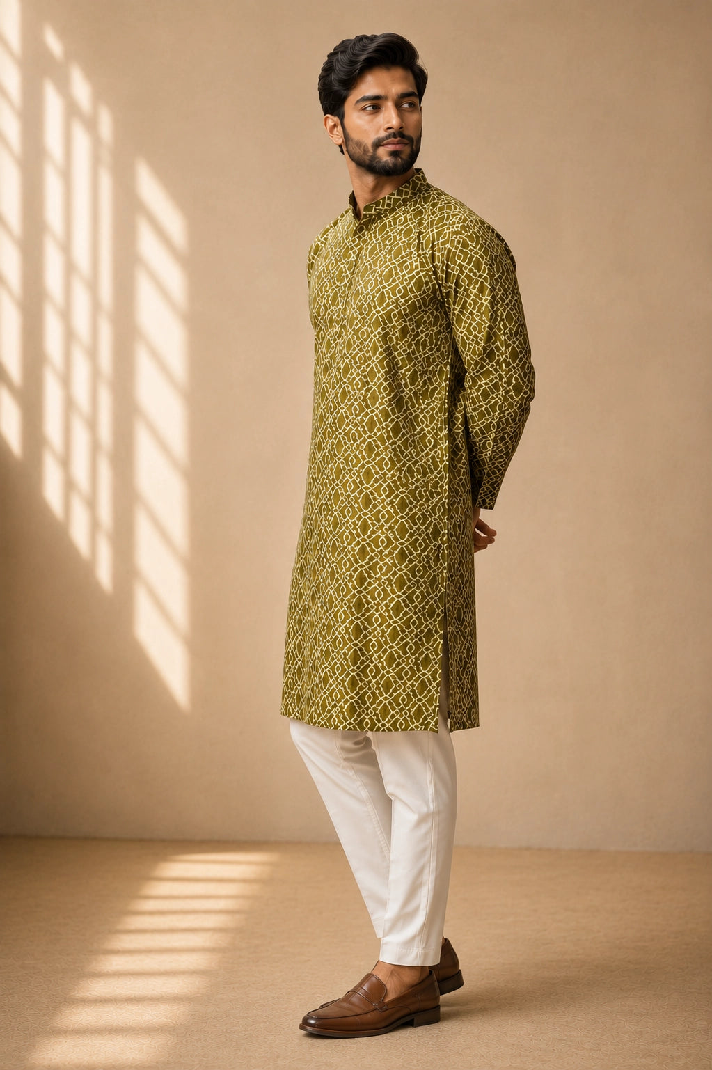 Man in a green patterned kurta with a band collar and white pajama.