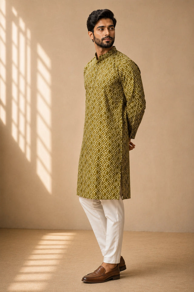Man in a green patterned kurta with a band collar and white pajama.