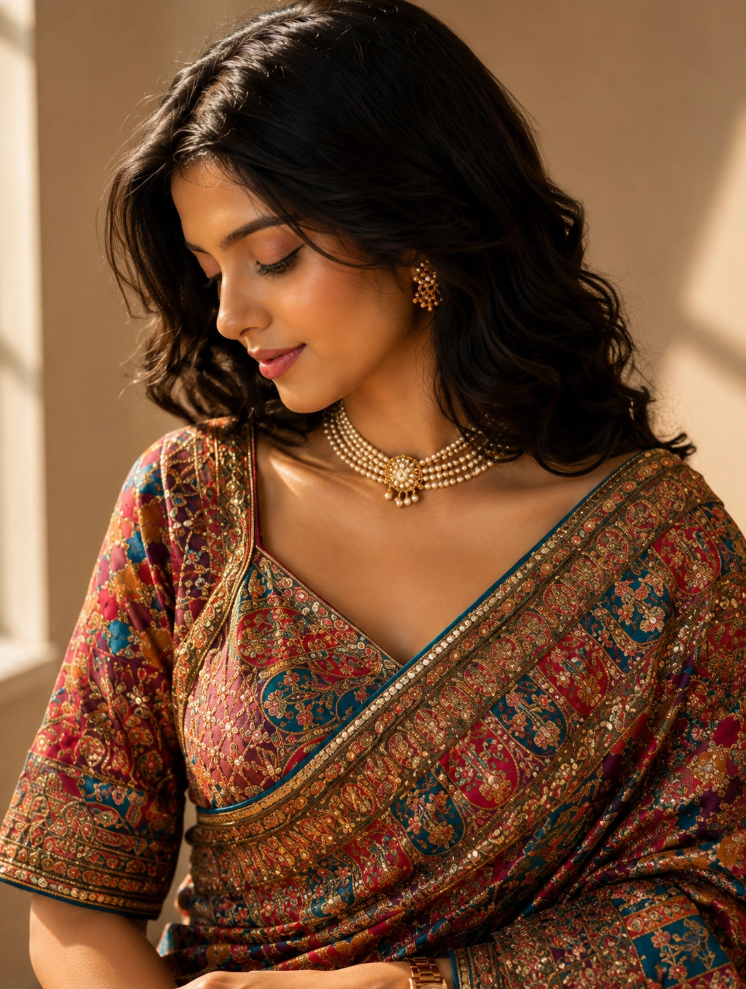 Woman in a luxurious purple S3 embroidered saree with intricate floral patterns.