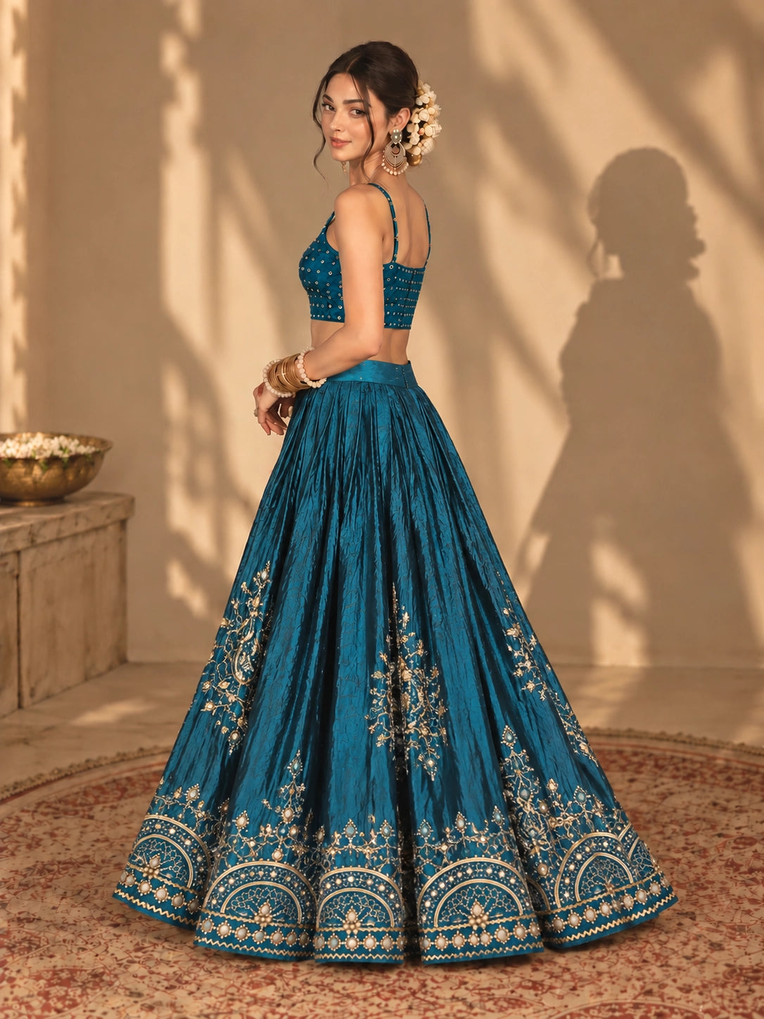 Woman wearing a RAMA blue embroidered lehenga choli with gold and mirror work.