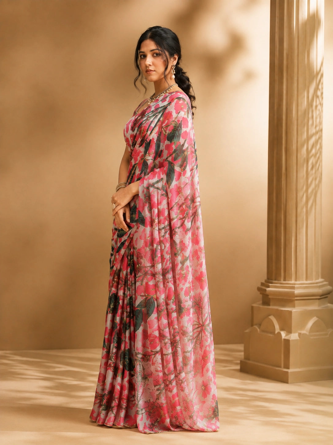 Woman wearing a vibrant pink floral saree with a matching blouse and traditional jewelry.
