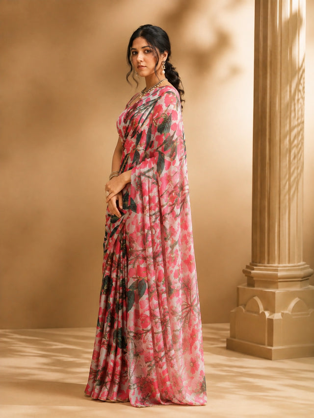 Woman wearing a vibrant pink floral saree with a matching blouse and traditional jewelry.