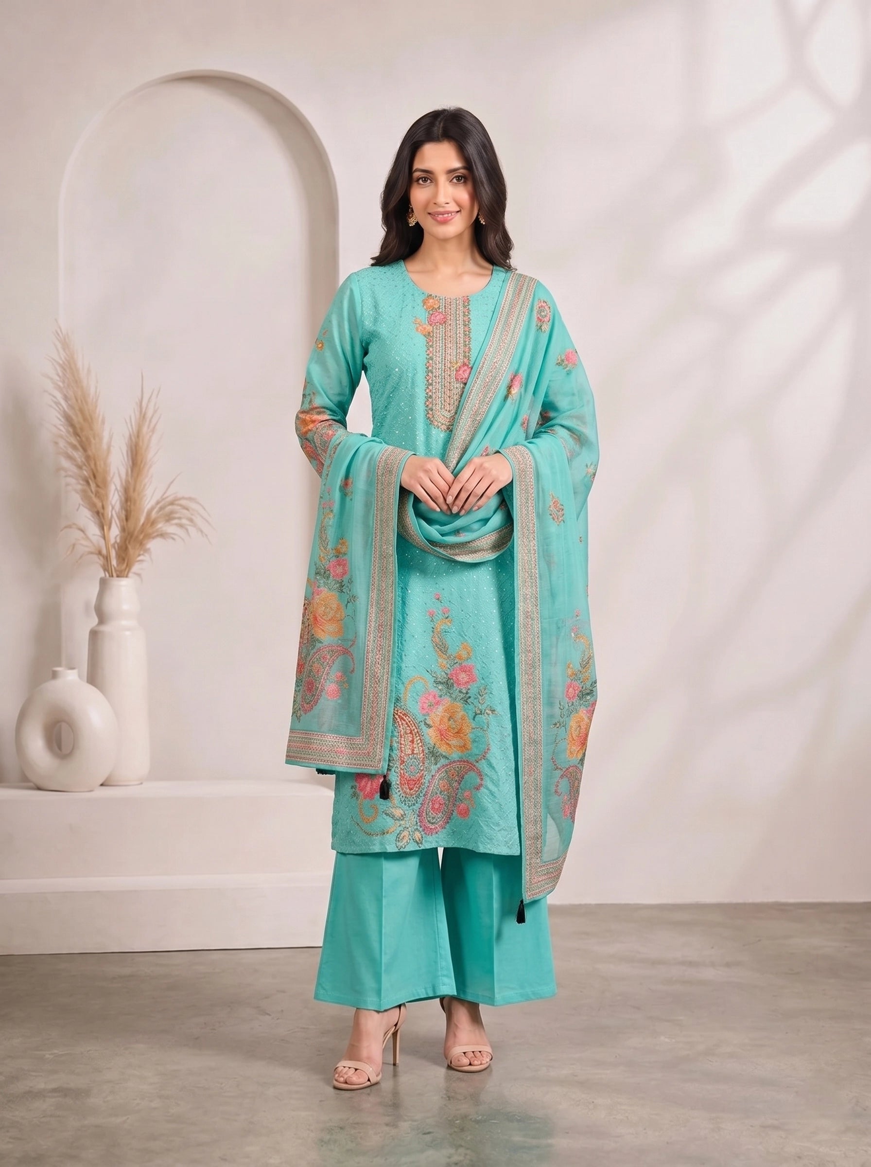 Woman wearing a teal kurti set with floral prints and matching palazzo pants, draped with a dupatta.