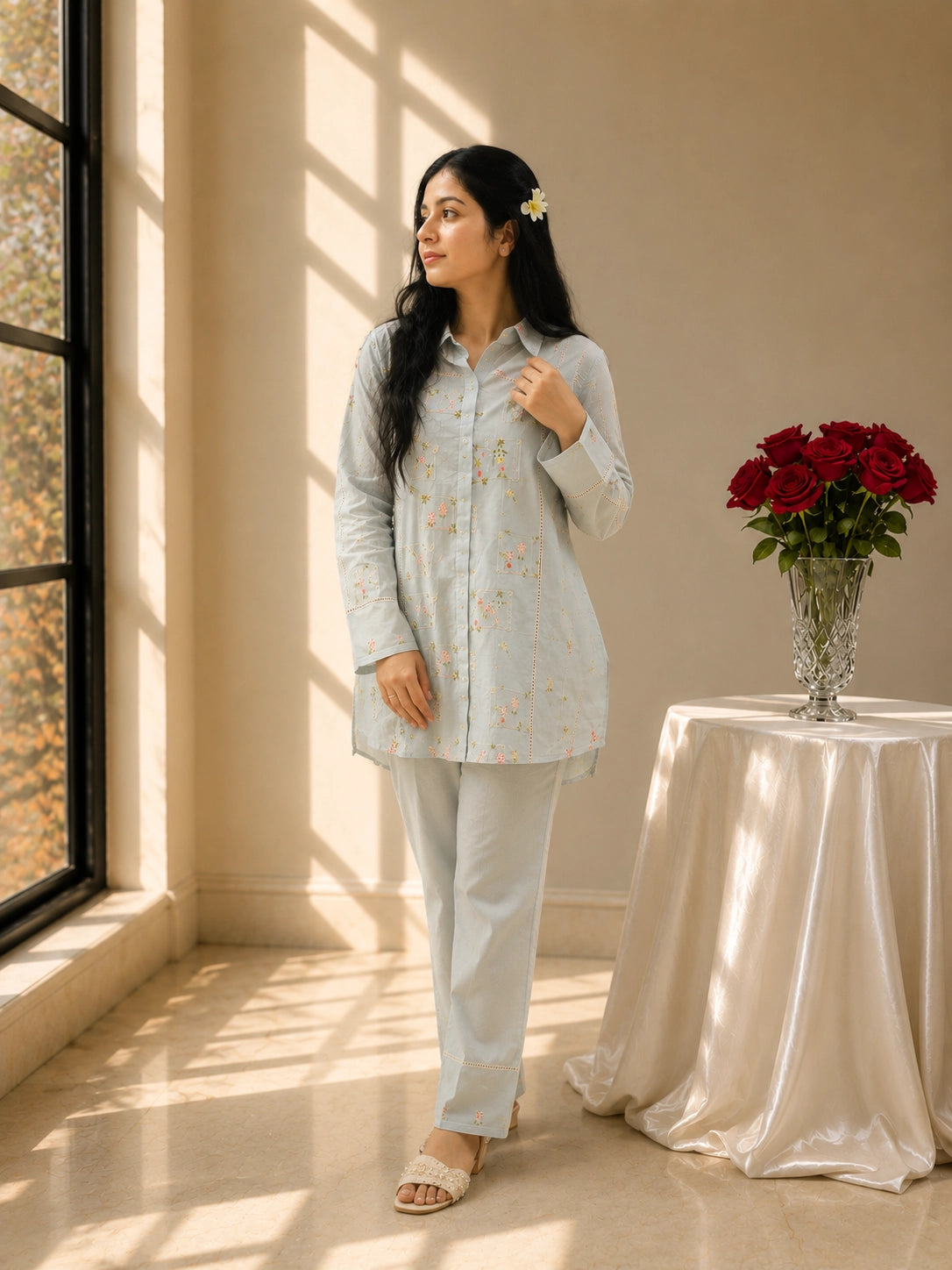 Woman in sky blue floral embroidered kurta set with matching pants.