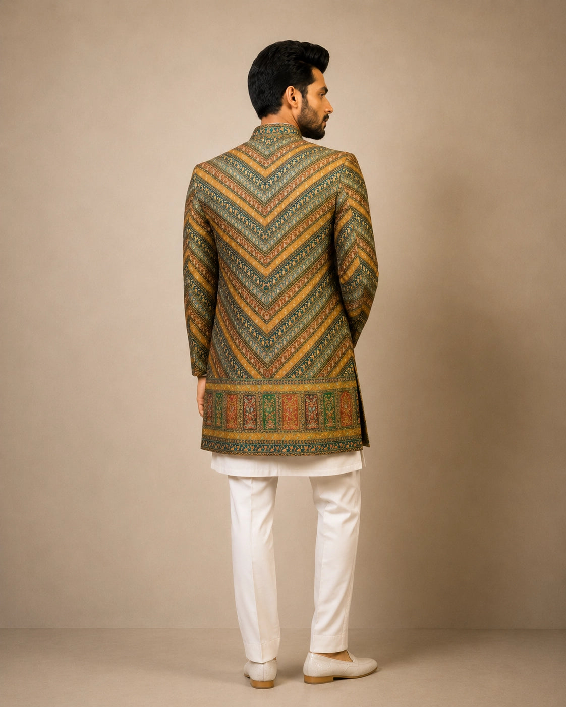 Elegant M.Green Indowestern ensemble featuring intricate details, perfect for festive celebrations.