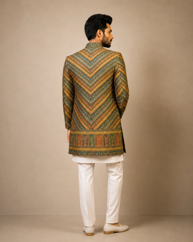 Elegant M.Green Indowestern ensemble featuring intricate details, perfect for festive celebrations.