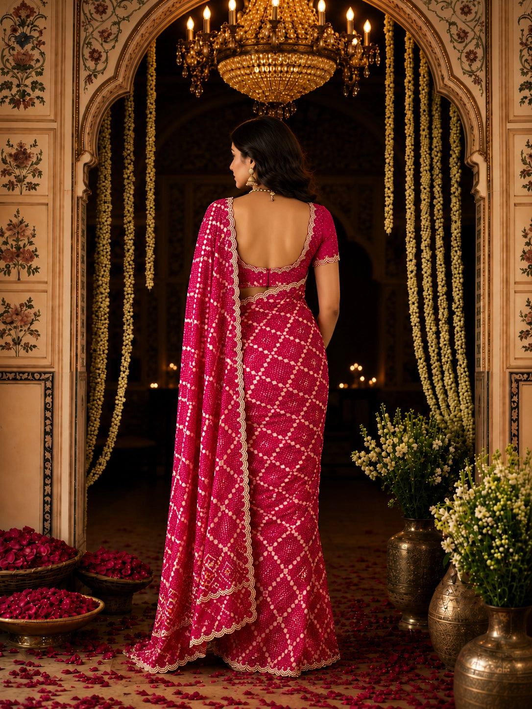 Woman in a vibrant RANI  bandhani saree with a delicate scalloped border.