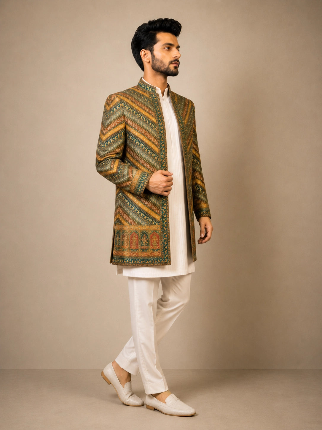 Elegant M.Green Indowestern ensemble featuring intricate details, perfect for festive celebrations.