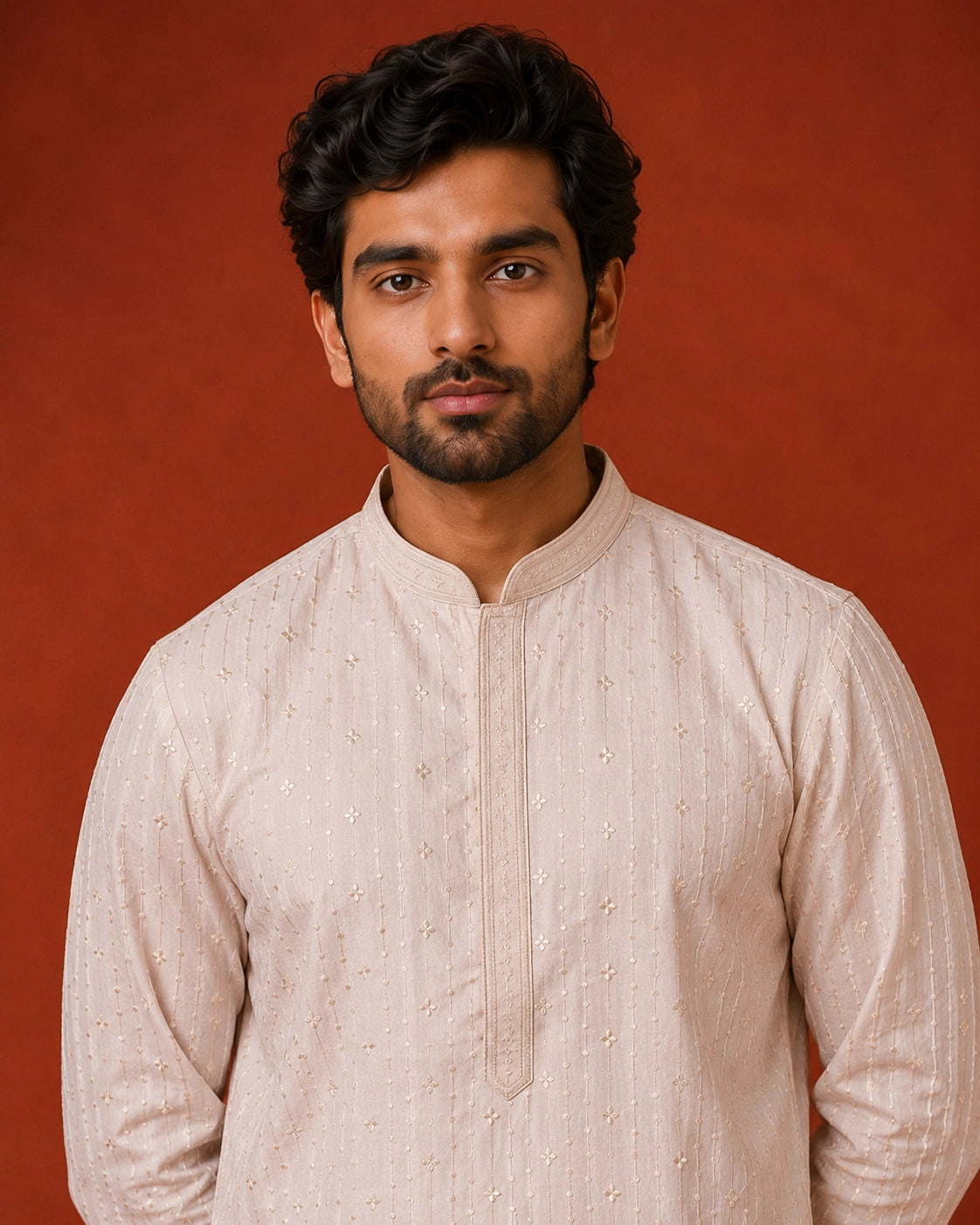 Man in elegant white kurta pajama with subtle vertical and diamond patterns.