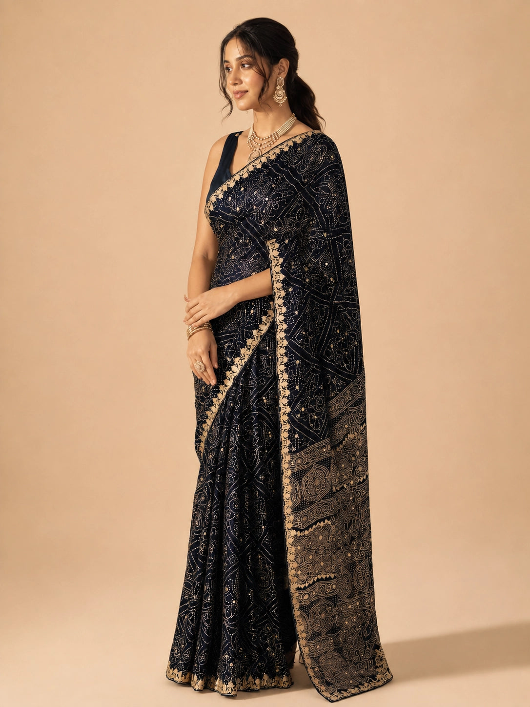 Woman in elegant navy blue  saree with gold embroidery and mirror work.