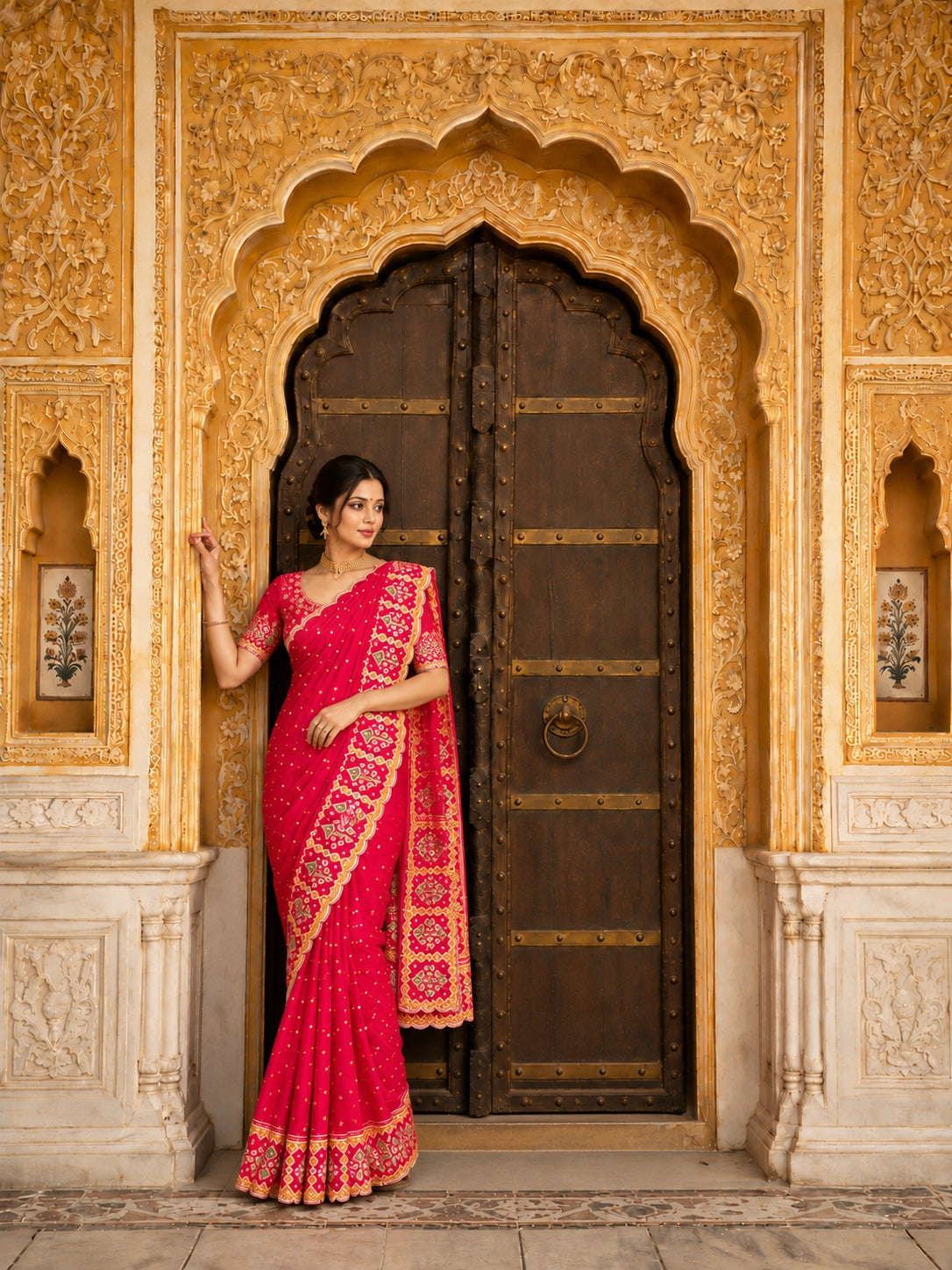 Woman in a vibrant red  saree with golden embroidery sitting on steps.