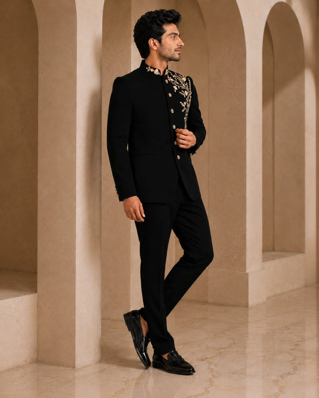 Man wearing a classic black Jodhpuri suit, a traditional Indian formal outfit.