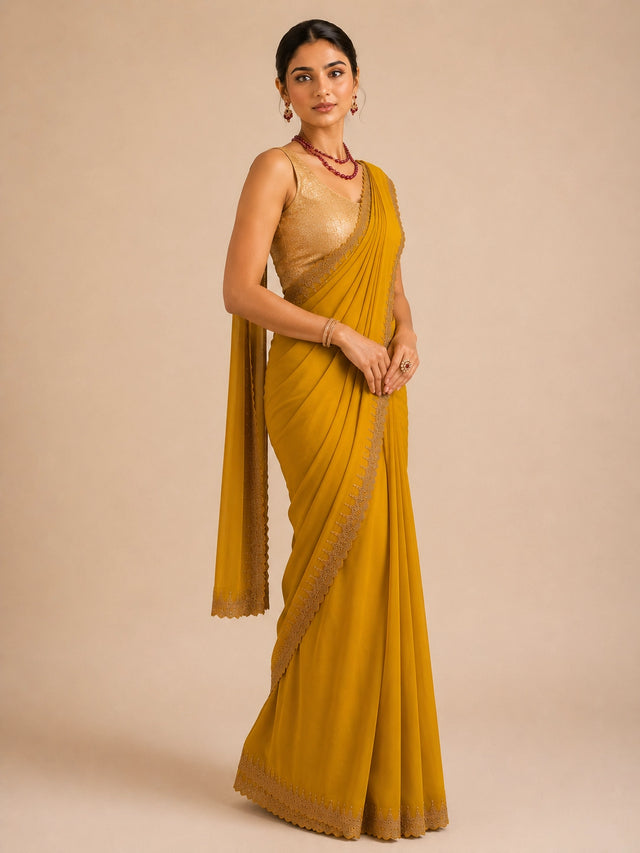 Woman in elegant mustard  saree with delicate embroidered border and golden blouse.