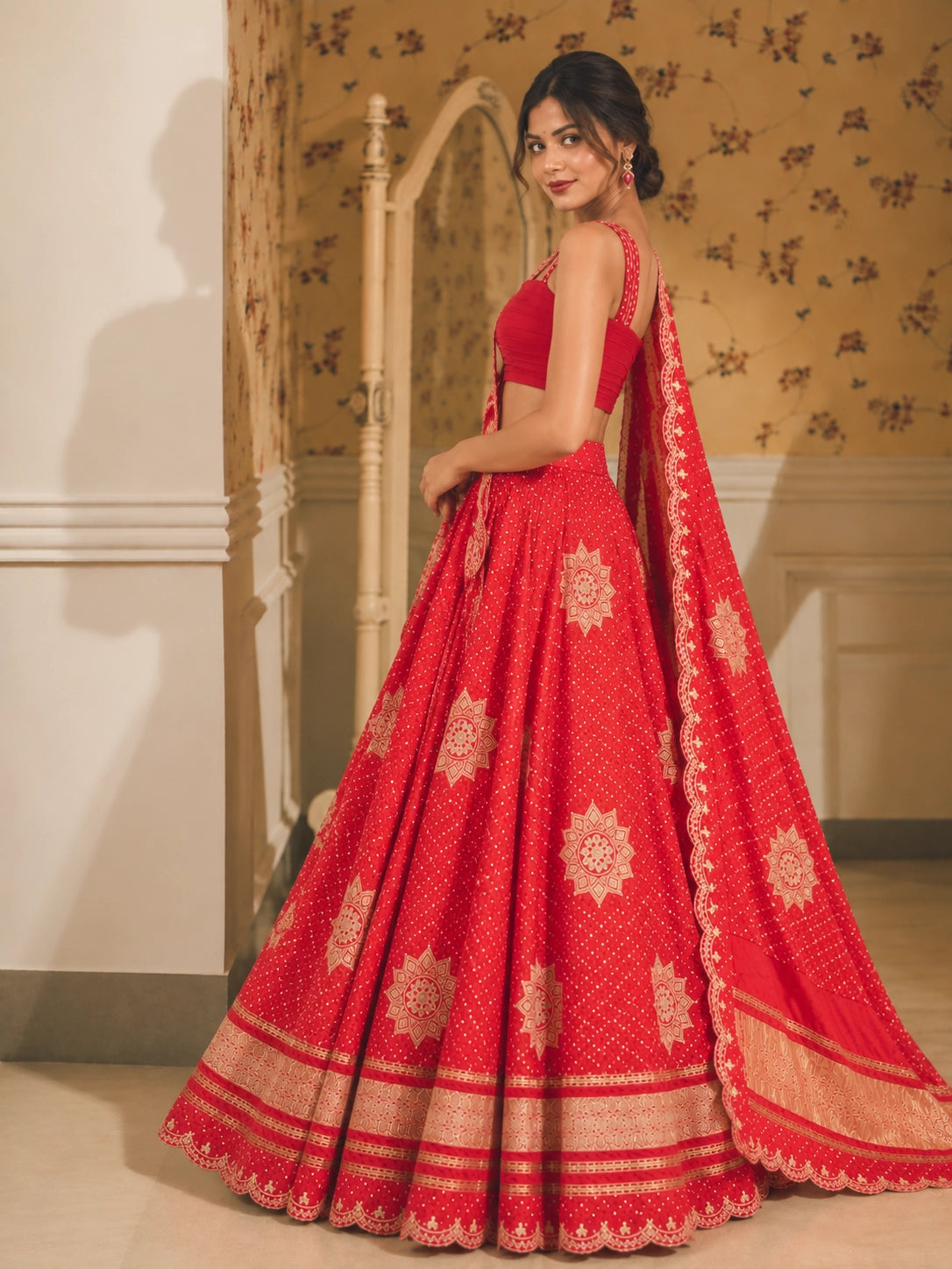 Vibrant red embroidered lehenga choli set with gold patterns and scalloped dupatta.